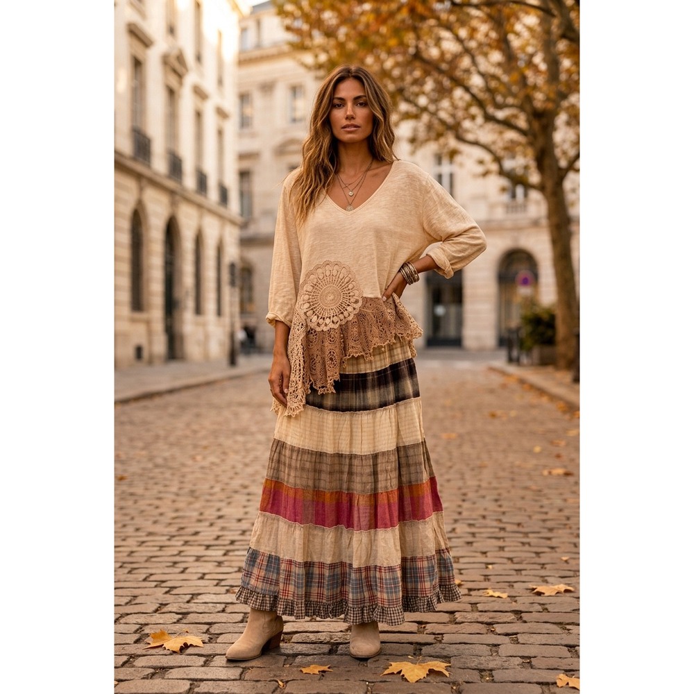 Young Threads Plaid Patchwork Tiered Maxi Skirt Boho Cottagecore Festival M NWT